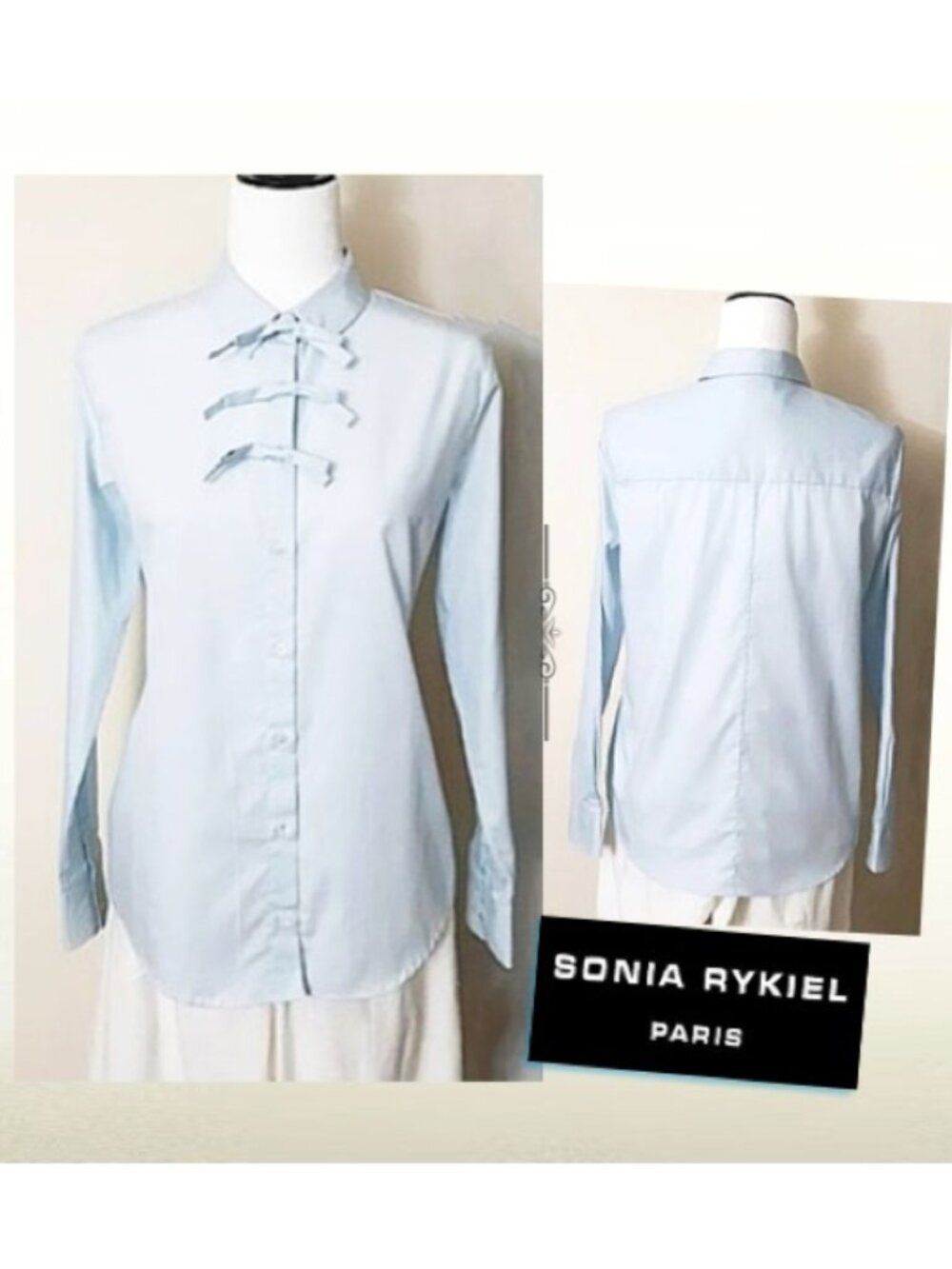 SONIA RYKIEL 100% Cotton Light Blue Pretty Triple Bow Blouse Top Button Collar